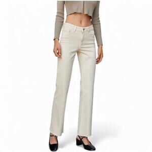 Mango Women's Medium Rise Flared Leg Frayed Hem Ecru Beige Jeans Denim - Size 2